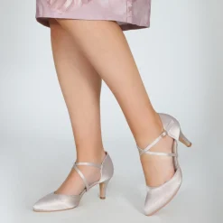 Perfect Bridal Wedding Guest Shoes | Mother Of The Bride Shoes*Sonya Satin Mid Heel Courts with Crossover Straps Taupe