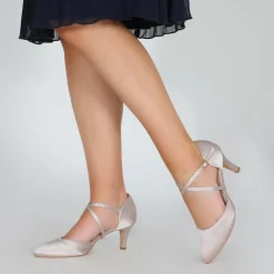 Perfect Bridal Wedding Guest Shoes | Mother Of The Bride Shoes*Sonya Satin Mid Heel Courts with Crossover Straps Taupe