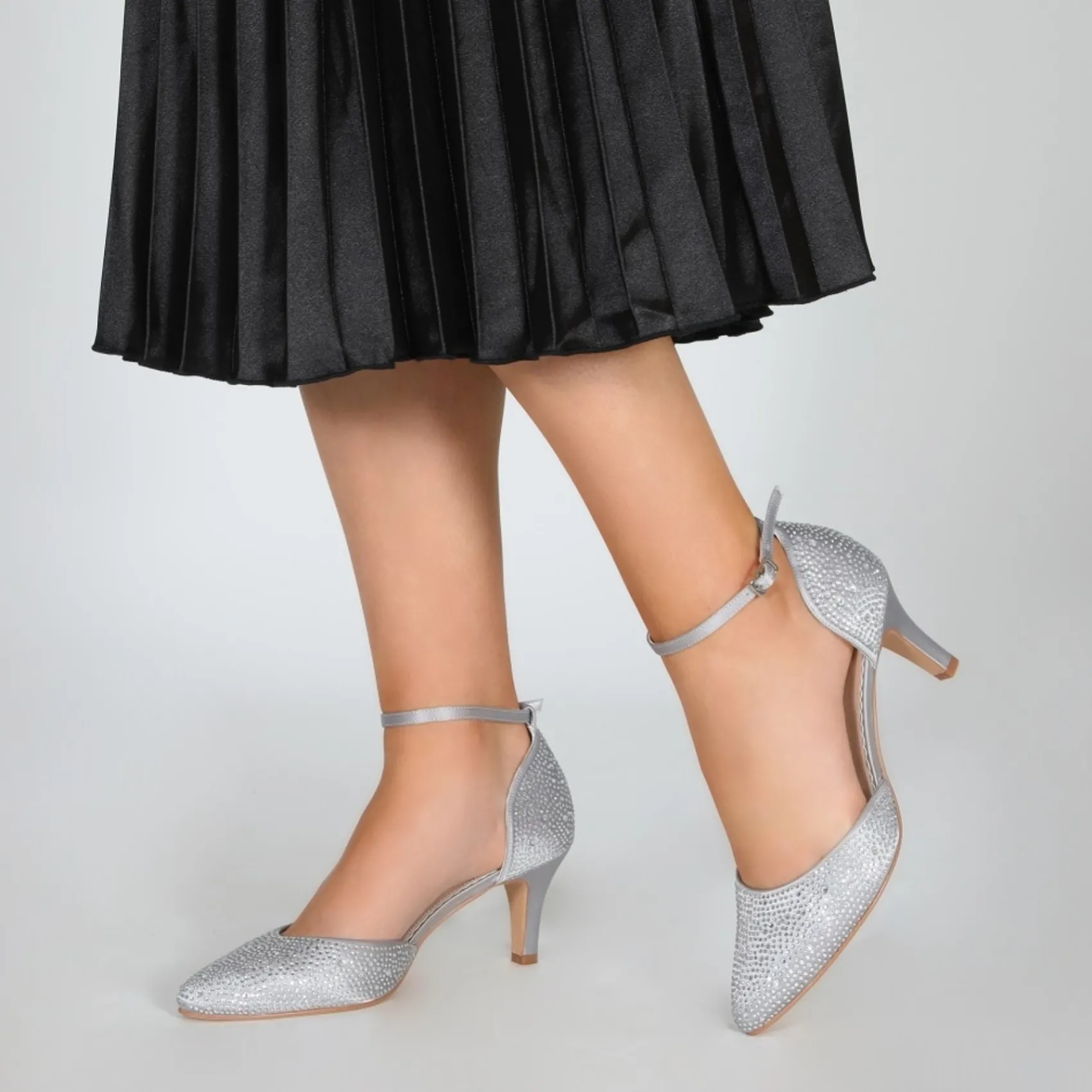 Perfect Bridal Sparkly Prom Shoes | Silver Prom Shoes*Xena Crystal Embellished Ankle Strap Court Shoes Silver