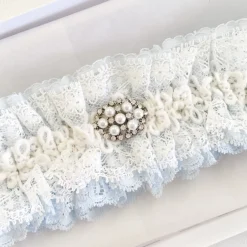 Boudoir Couture Something Blue Gifts | Bride Gifts*Promise Blue and Ivory Lace Garter with Pearl and Crystal Brooch Blue/ Ivory