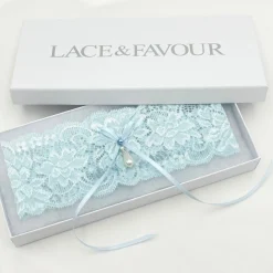 Boudoir Couture Something Blue Gifts | Bride Gifts*Purity Delicate Lace Wedding Garter with Pearl Detail Blue