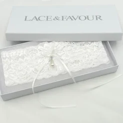 Boudoir Couture Bride Gifts | Bridal Garters*Purity Delicate Lace Wedding Garter with Pearl Droplet Ivory