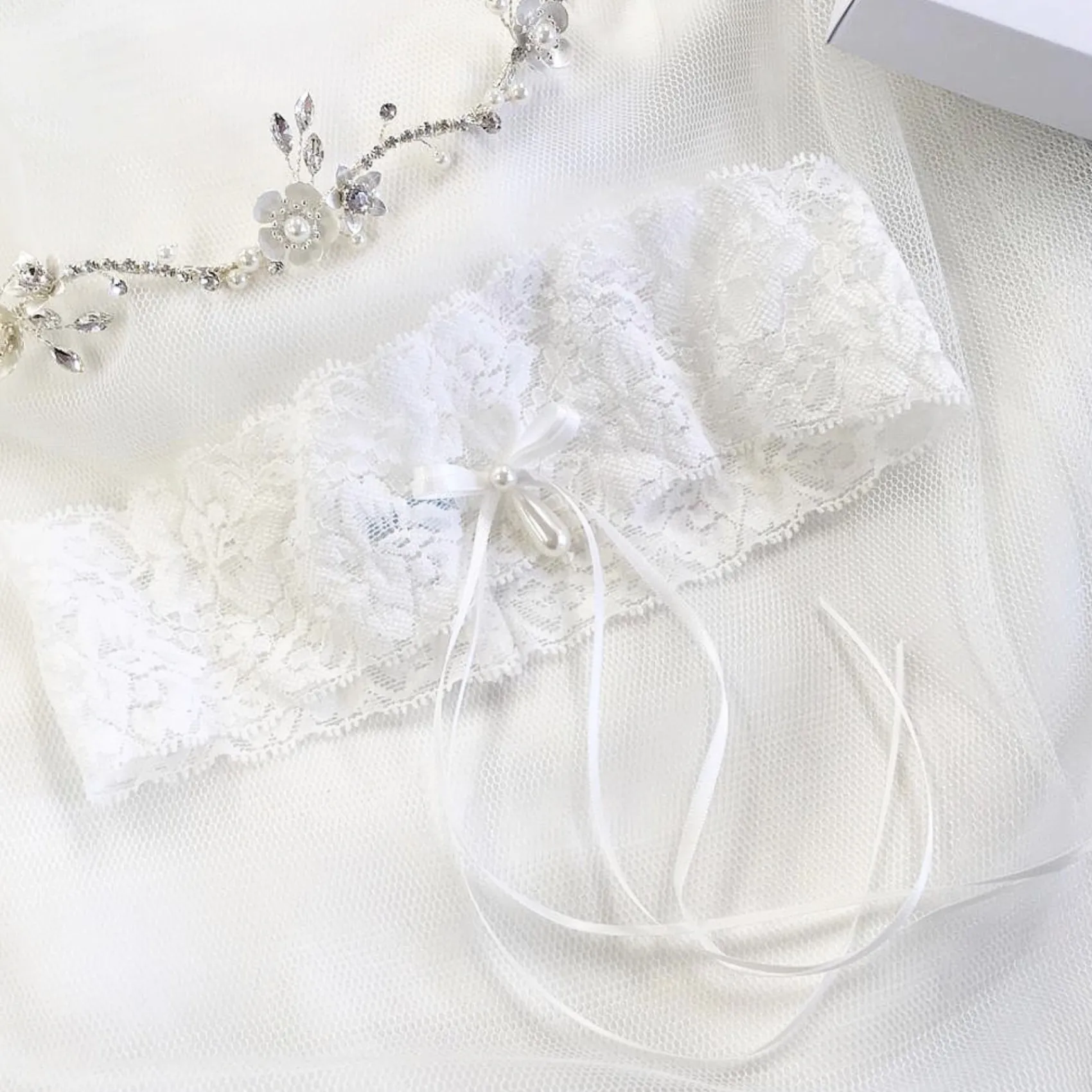 Boudoir Couture Bride Gifts | Bridal Garters*Purity Delicate Lace Wedding Garter with Pearl Droplet Ivory