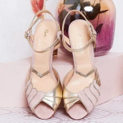 Rachel Simpson Wedding Guest Shoes | Mother Of The Bride Shoes*Aurelia Suede and Gold Leather Sandals Powder Pink