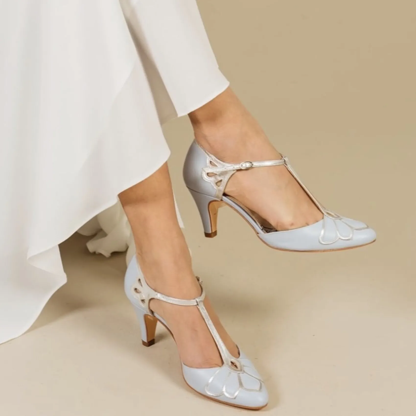 Rachel Simpson Wedding Guest Shoes | Mother Of The Bride Shoes*Gardenia II Leather T-Bar Wedding Shoes Powder Blue