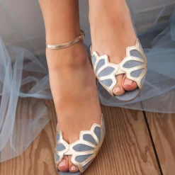 Rachel Simpson Wedding Guest Shoes | Mother Of The Bride Shoes*Isadora Suede Low Heel Ankle Strap Sandals Dusky Blue