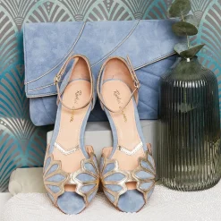 Rachel Simpson Wedding Guest Shoes | Mother Of The Bride Shoes*Isadora Suede Low Heel Ankle Strap Sandals Dusky Blue