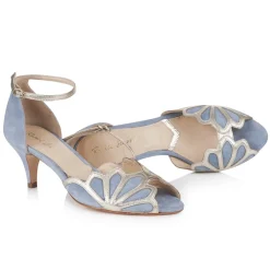 Rachel Simpson Wedding Guest Shoes | Mother Of The Bride Shoes*Isadora Suede Low Heel Ankle Strap Sandals Dusky Blue