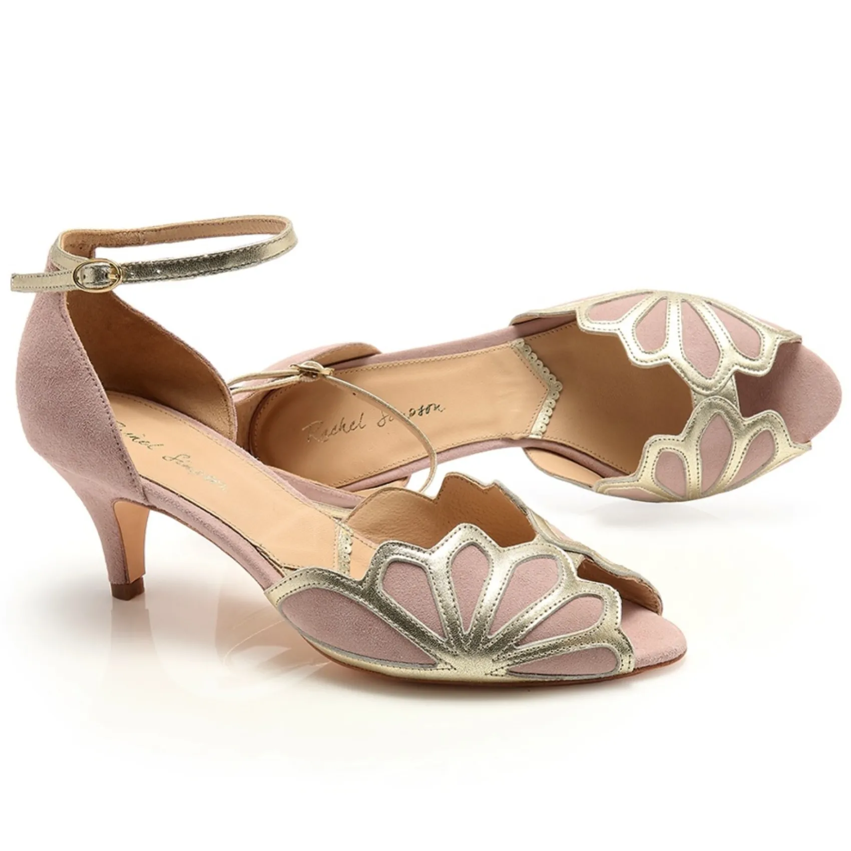 Rachel Simpson Wedding Guest Shoes | Mother Of The Bride Shoes*Isadora Suede Low Heel Ankle Strap Sandals Powder Pink