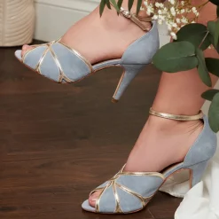 Rachel Simpson Wedding Guest Shoes | Mother Of The Bride Shoes*Mary Suede Vintage Inspired Peep Toe Sandals Blue