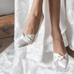 Rainbow Club Wedding Shoes | Mid Heel*Arabella Satin Asymmetric Bow Mid Heel Court Shoes Ivory