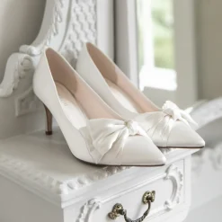 Rainbow Club Wedding Shoes | Mid Heel*Arabella Satin Asymmetric Bow Mid Heel Court Shoes Ivory