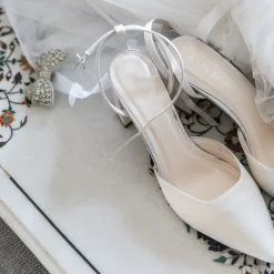 Rainbow Club Wedding Guest Shoes | Wedding Shoes*Aria Dyeable Satin Slingback Ankle Strap Block Heel Ivory