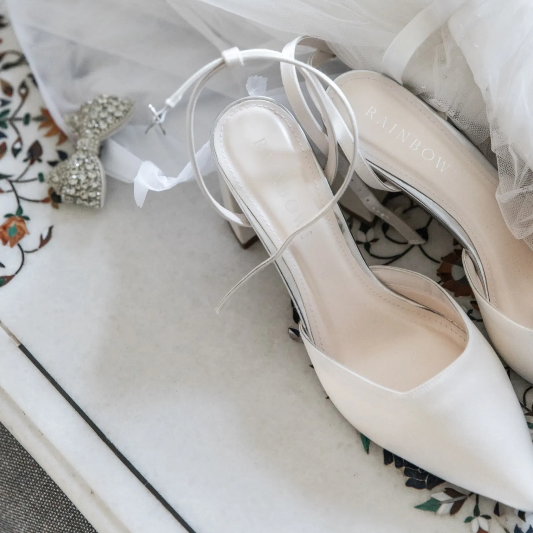 Rainbow Club Wedding Guest Shoes | Wedding Shoes*Aria Dyeable Satin Slingback Ankle Strap Block Heel Ivory