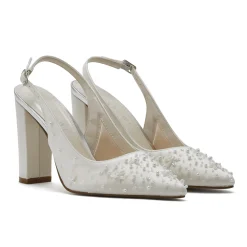 Rainbow Club Wedding Shoes | High Heel*Aurora Satin Wide Fit Beaded Slingback Block Heels Ivory