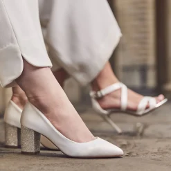 Rainbow Club Wedding Guest Shoes | Wedding Shoes*Bambi Ivory Satin and Silver Gitter Block Heel Courts Ivory/ Silver