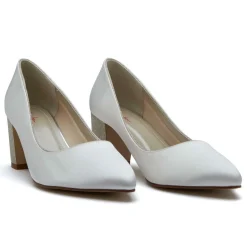 Rainbow Club Wedding Guest Shoes | Wedding Shoes*Bambi Ivory Satin and Silver Gitter Block Heel Courts Ivory/ Silver
