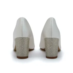Rainbow Club Wedding Guest Shoes | Wedding Shoes*Bambi Ivory Satin and Silver Gitter Block Heel Courts Ivory/ Silver