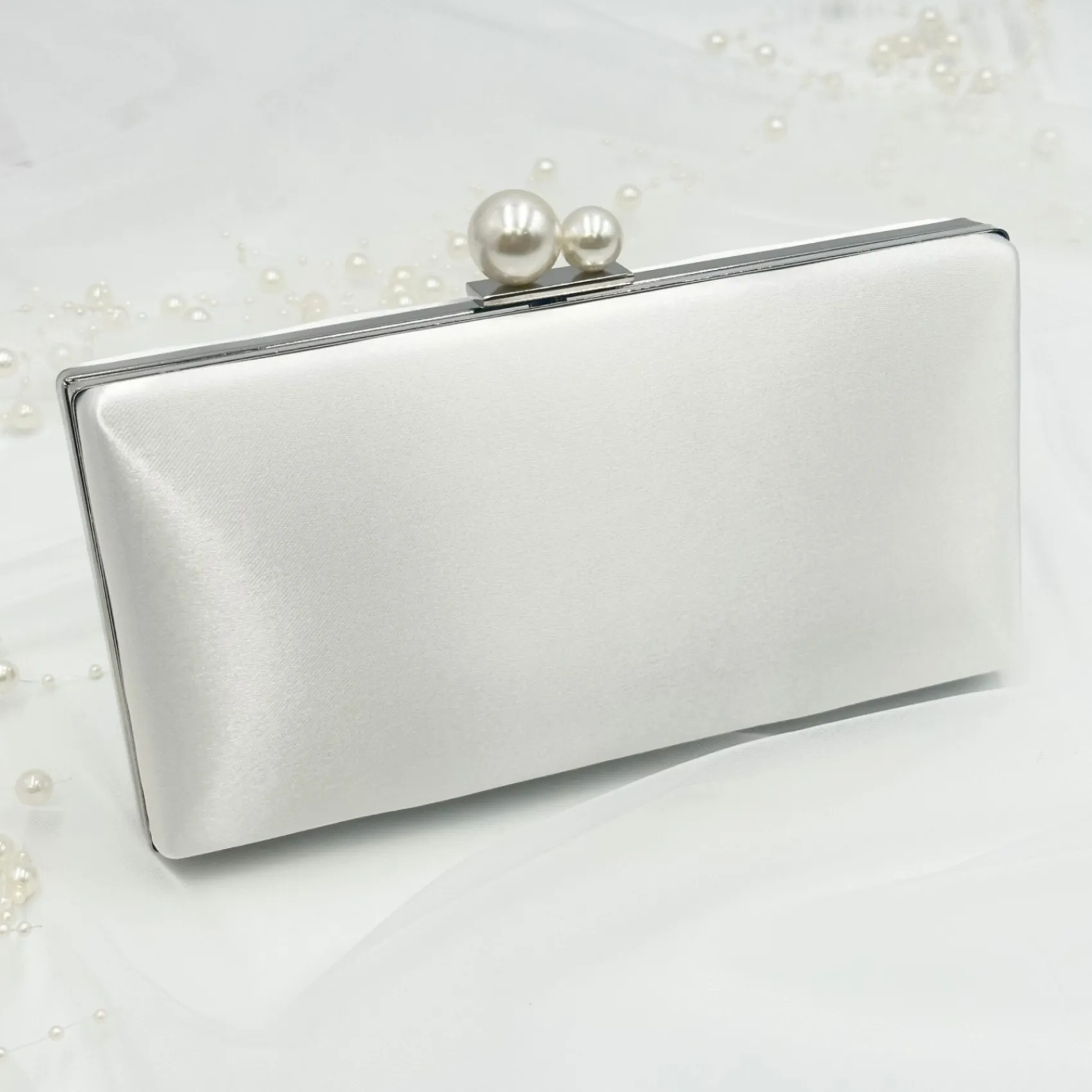 Rainbow Club Wedding Handbags*Beau Satin Box Clutch Bag with Pearl Clasp Ivory