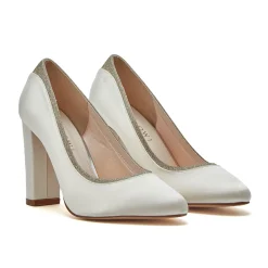 Rainbow Club Wedding Shoes | High Heel*Billie II Ivory Satin Block Heel Wide Fit Court Shoes Ivory & Silver