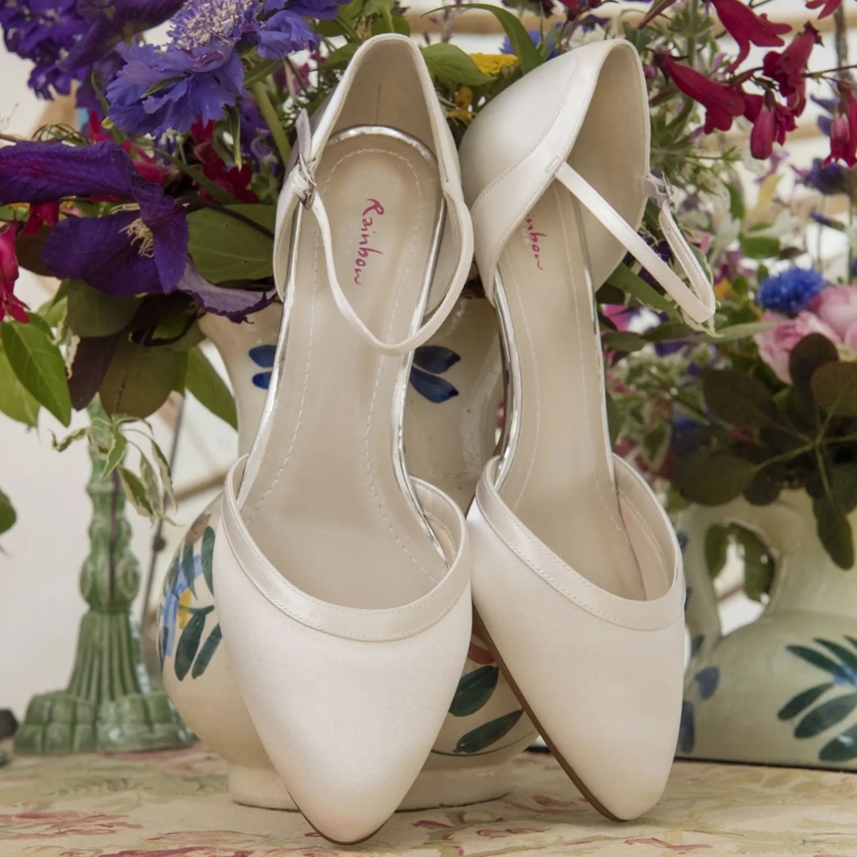 Rainbow Club Wedding Shoes | Low Heel*Brianna Dyeable Satin Ankle Strap Court Shoes Ivory