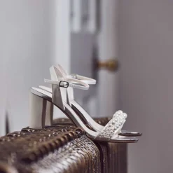 Rainbow Club Wedding Shoes | High Heel*Clara Satin Pearl Block Heel Sandals Ivory