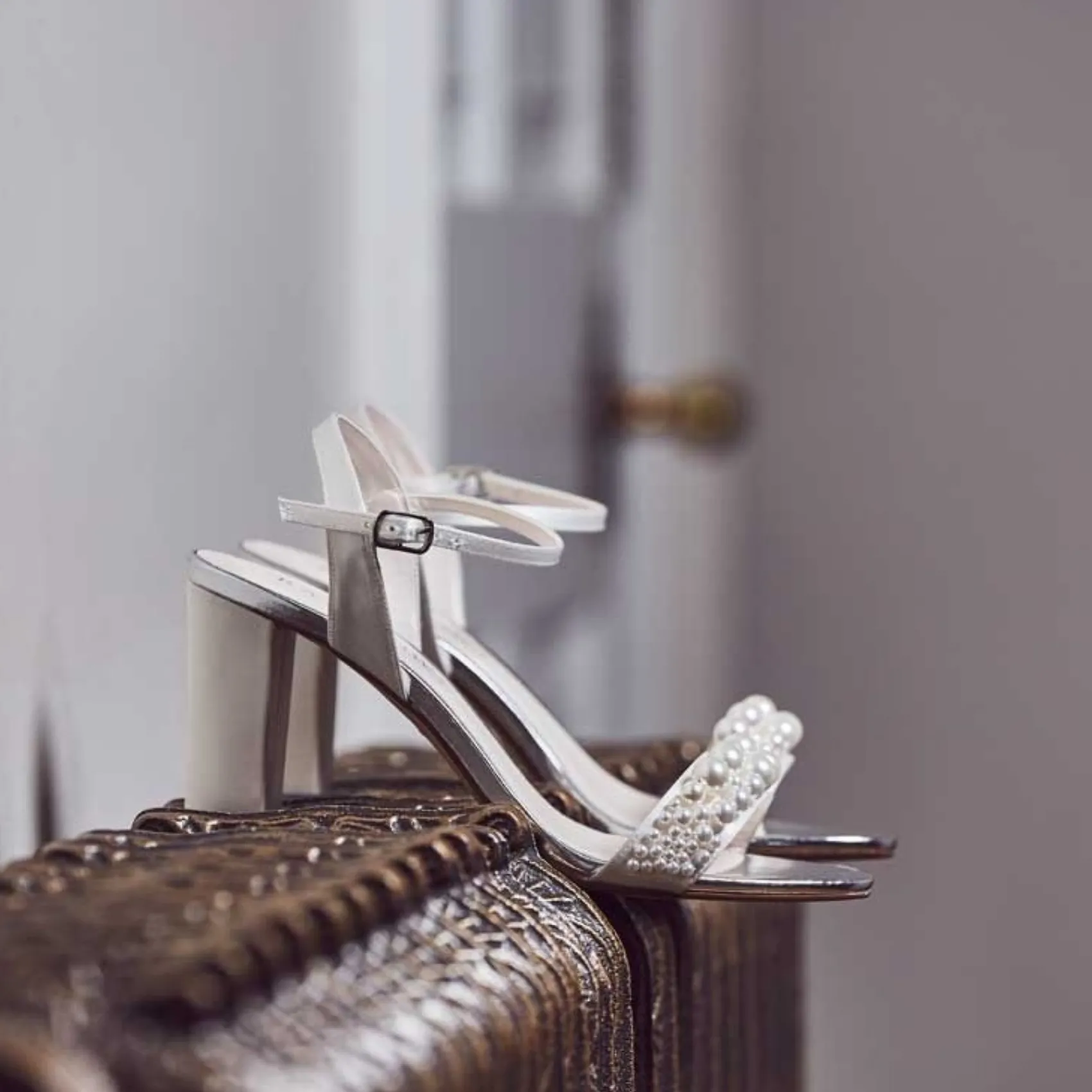 Rainbow Club Wedding Shoes | High Heel*Clara Satin Pearl Block Heel Sandals Ivory