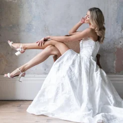 Rainbow Club Wedding Shoes | Mid Heel*Clara Mid Satin Pearl Block Heel Sandals Ivory