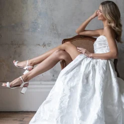 Rainbow Club Wedding Shoes | Mid Heel*Clara Mid Satin Pearl Block Heel Sandals Ivory