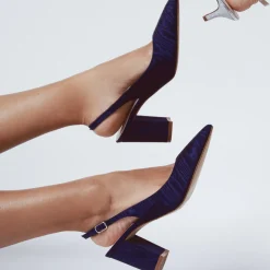 Rainbow Club Mid Heel | Mother Of The Bride Shoes*Faith Moire Wide Fit Slingback Block Heels Navy