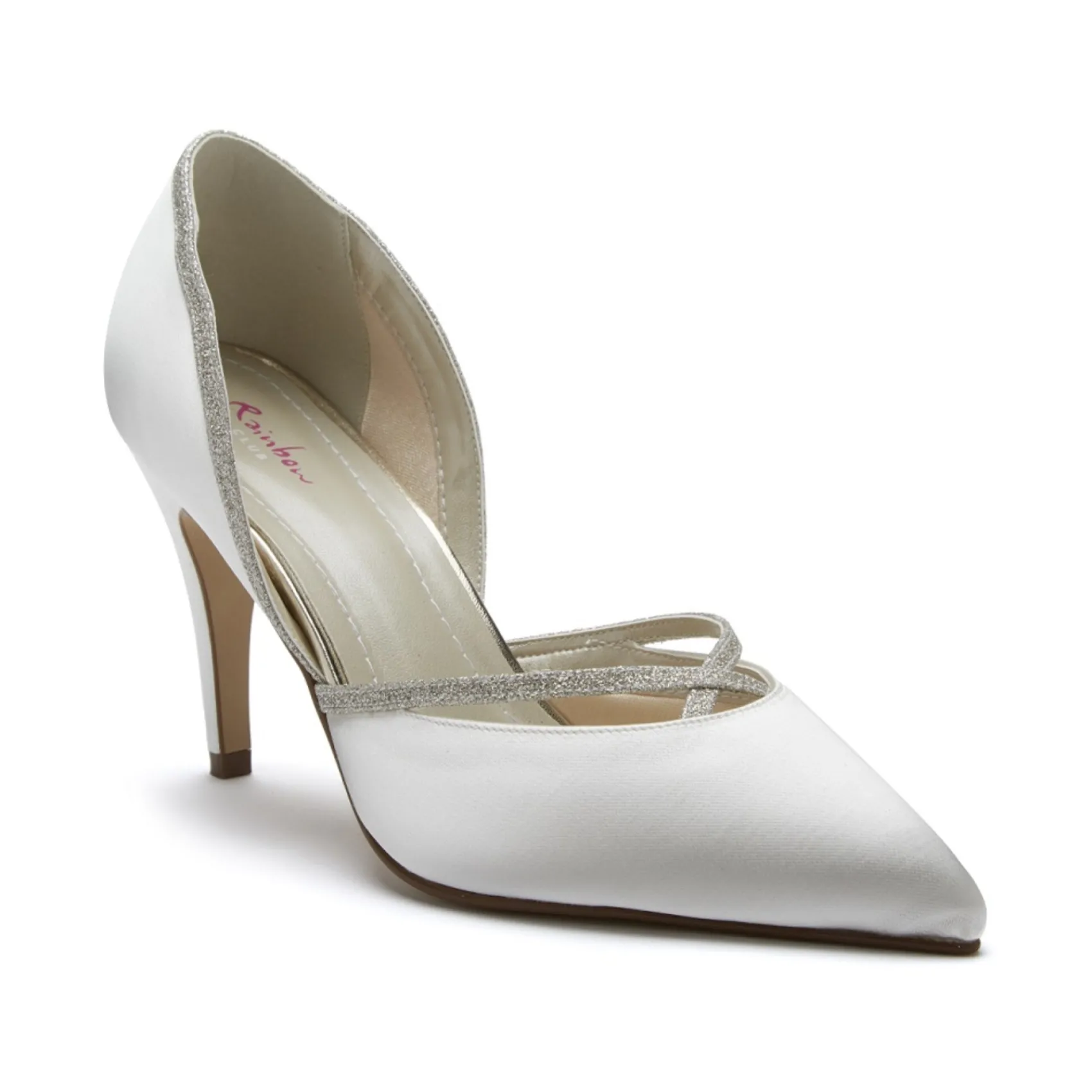 Rainbow Club Wedding Shoes | High Heel*Georgia Ivory Satin and Silver Glitter Court Shoes Ivory & Silver