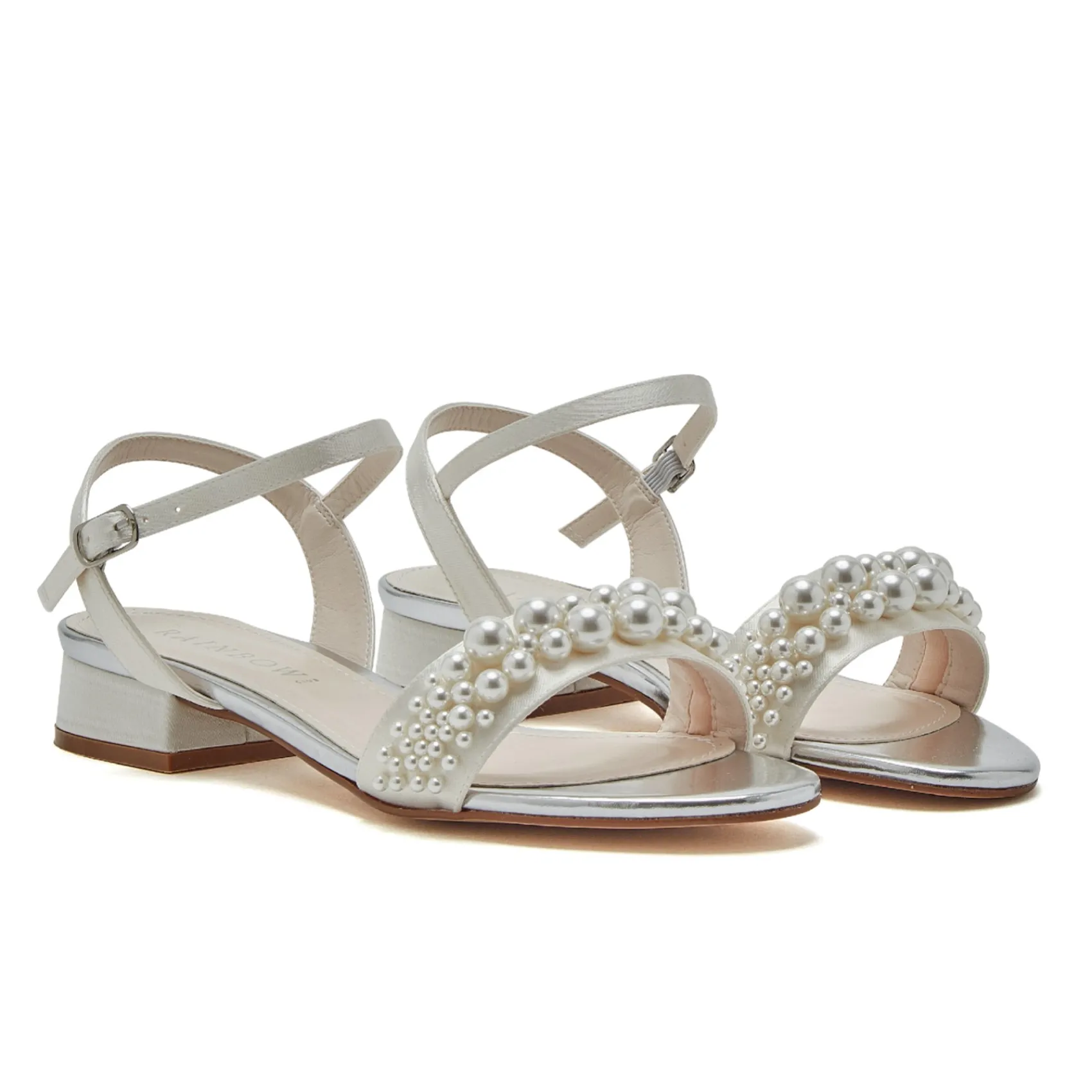 Rainbow Club Wedding Shoes | Low Heel*Kendall Satin Pearl Flat Bridal Sandals Ivory