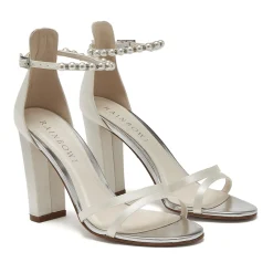 Rainbow Club Bridesmaid Shoes | Wedding Shoes*Lena Satin Pearl Ankle Strap Block Heel Sandals Ivory