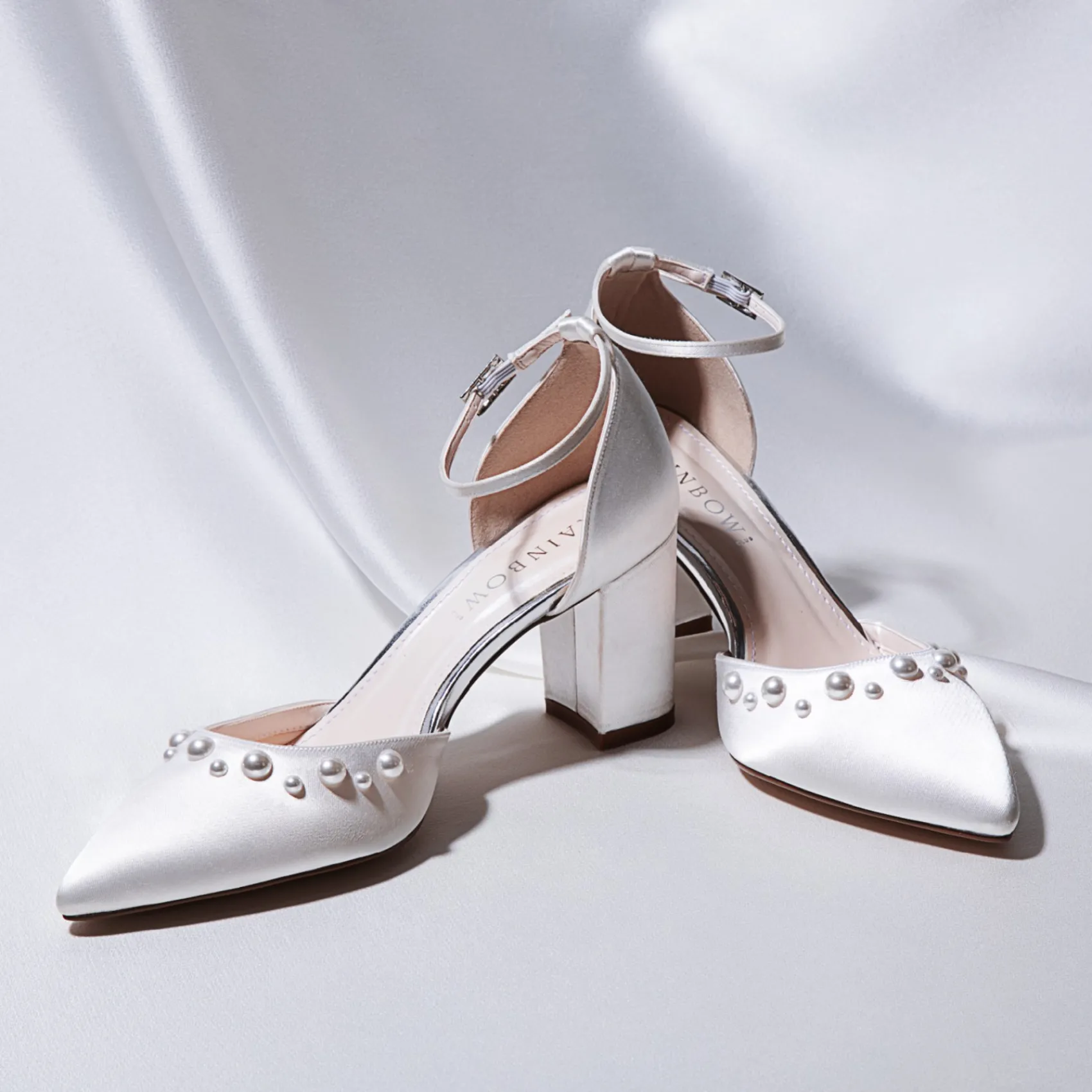 Rainbow Club Wedding Shoes | Mid Heel*Maya Mid Dyeable Satin Wide Fit Pearl Block Heels Ivory
