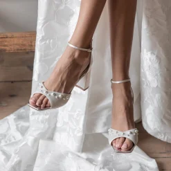 Rainbow Club Wedding Shoes | Mid Heel*Maya Mid Satin Pearl Block Heel Sandals (Wide Fit) Ivory