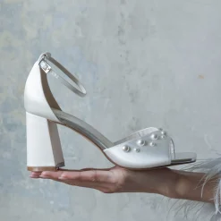 Rainbow Club Wedding Shoes | Mid Heel*Maya Mid Satin Pearl Block Heel Sandals (Wide Fit) Ivory