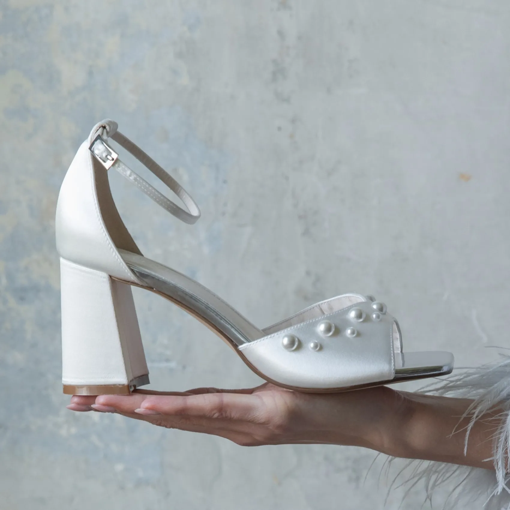 Rainbow Club Wedding Guest Shoes | Bridesmaid Shoes*Maya Mid Satin Pearl Block Heel Square Toe Sandals Ivory