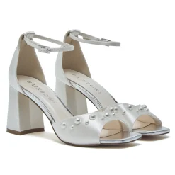 Rainbow Club Wedding Guest Shoes | Bridesmaid Shoes*Maya Mid Satin Pearl Block Heel Square Toe Sandals Ivory