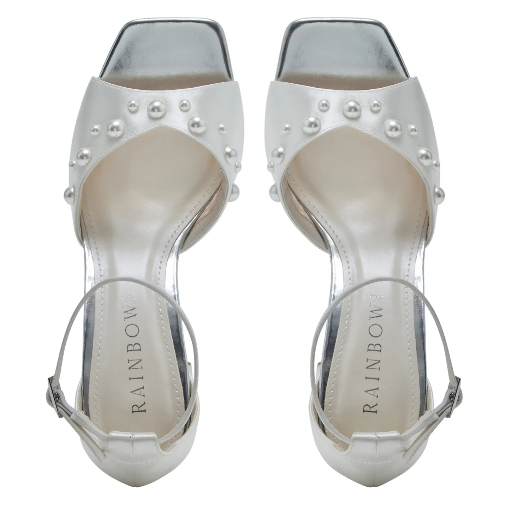 Rainbow Club Wedding Guest Shoes | Bridesmaid Shoes*Maya Mid Satin Pearl Block Heel Square Toe Sandals Ivory