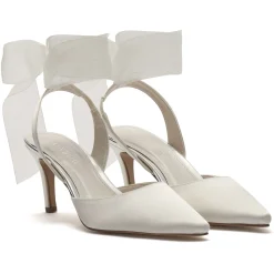 Rainbow Club Wedding Shoes | Mid Heel*Mimi Chiffon Ribbon Bow Pointed Slingback Heels Ivory