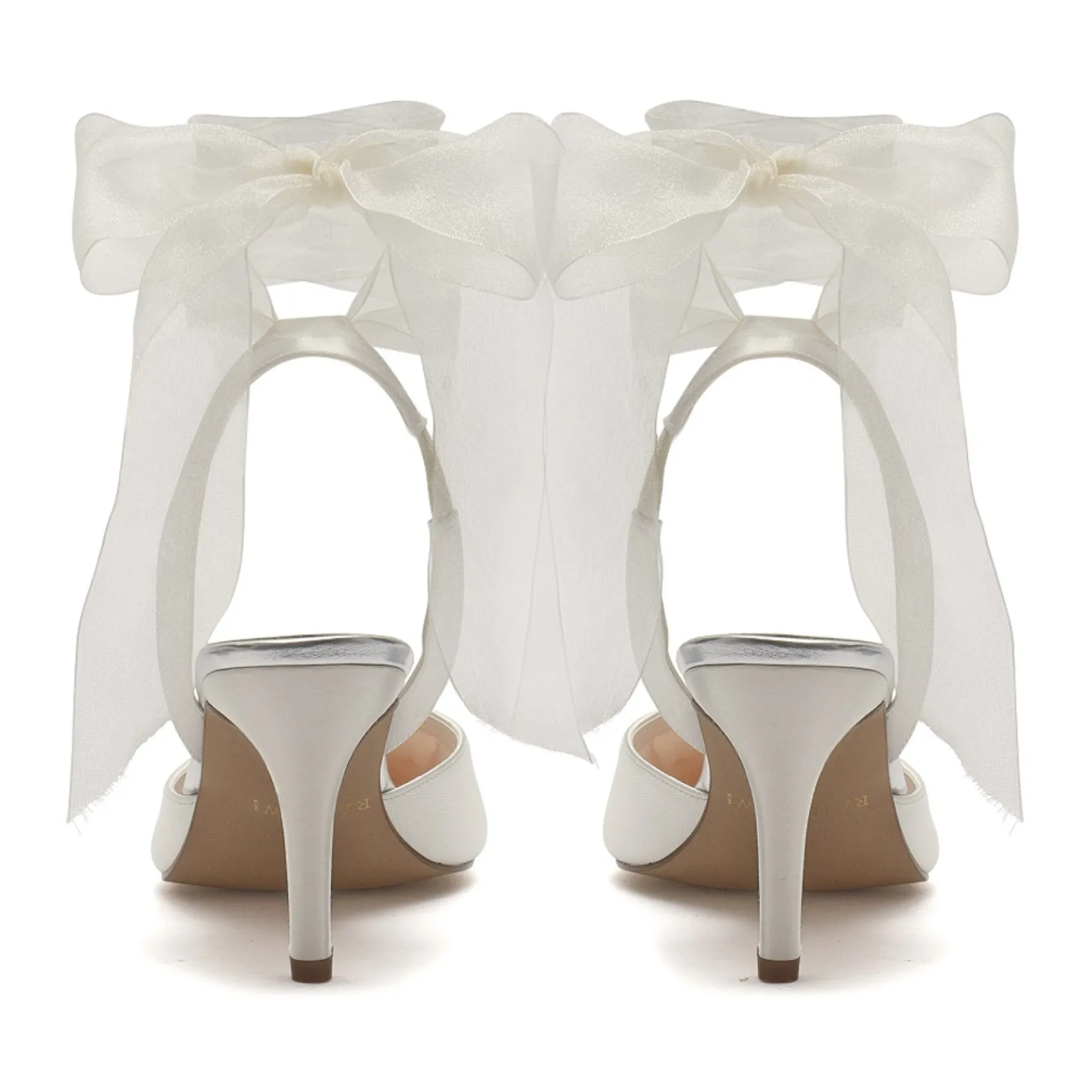 Rainbow Club Wedding Shoes | Mid Heel*Mimi Chiffon Ribbon Bow Pointed Slingback Heels Ivory