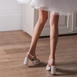 Rainbow Club Wedding Guest Shoes | Bridesmaid Shoes*Nora Dyeable Satin Block Heel Platform Sandals Ivory