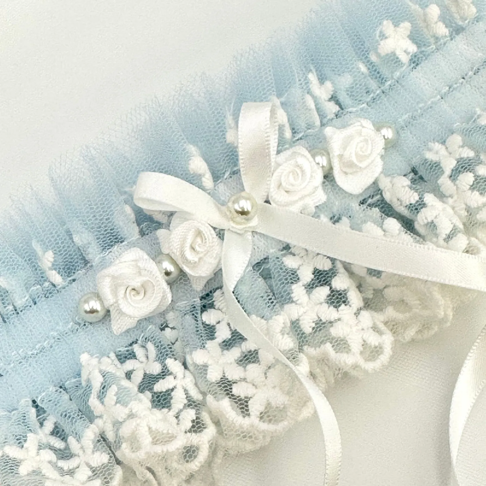 Boudoir Couture Something Blue Gifts | Bride Gifts*Rhapsody Blue Lace and Ivory Tulle Vintage Garter with Rose Detail Blue/ Ivory