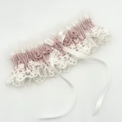 Boudoir Couture Bride Gifts | Bridal Garters*Rhapsody Blush Silk and Ivory Vintage Lace Garter with Rose Detail Blush/ Ivory
