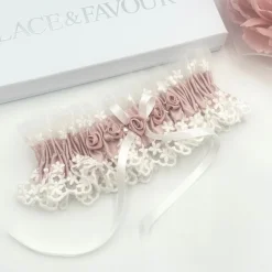 Boudoir Couture Bride Gifts | Bridal Garters*Rhapsody Blush Silk and Ivory Vintage Lace Garter with Rose Detail Blush/ Ivory