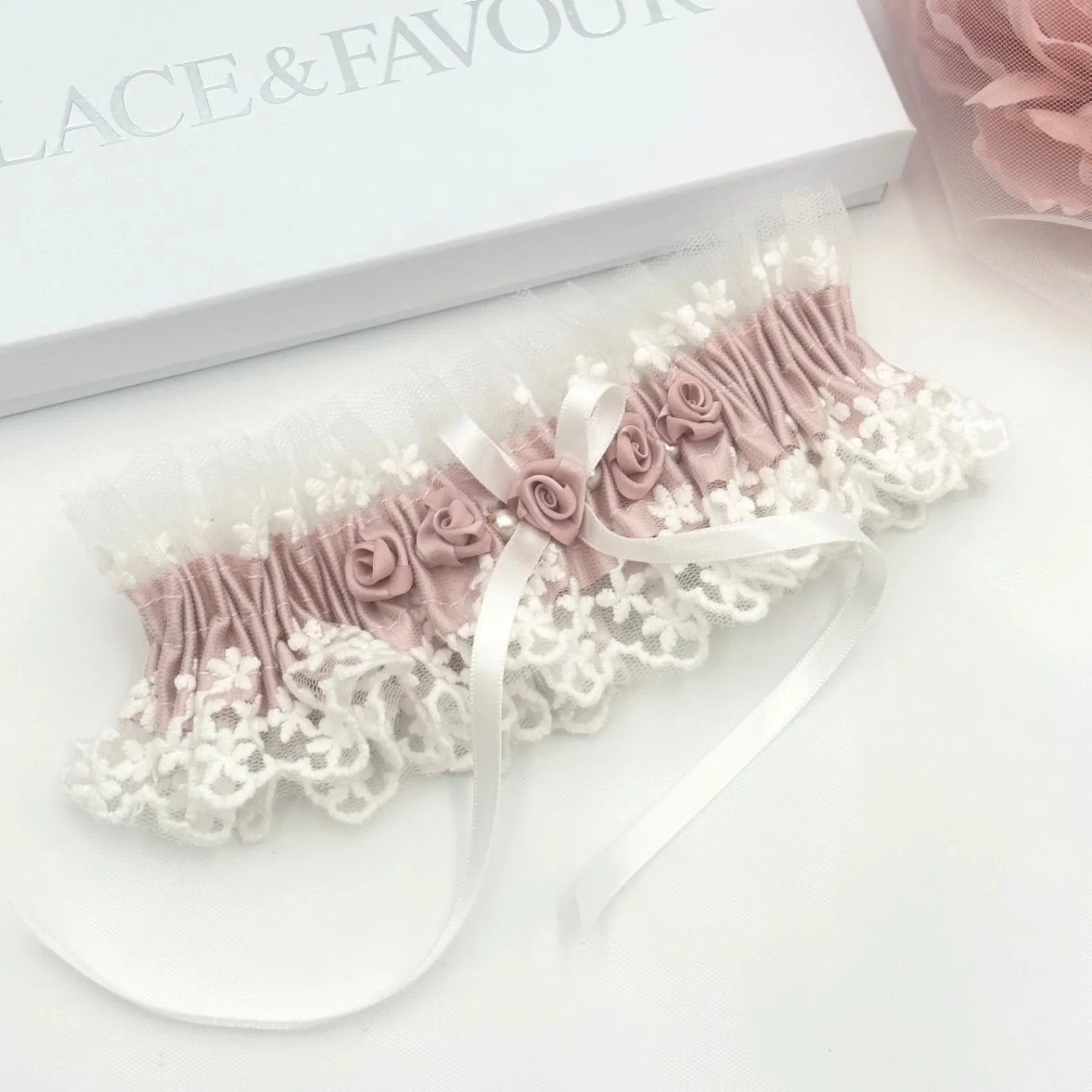 Boudoir Couture Bride Gifts | Bridal Garters*Rhapsody Blush Silk and Ivory Vintage Lace Garter with Rose Detail Blush/ Ivory