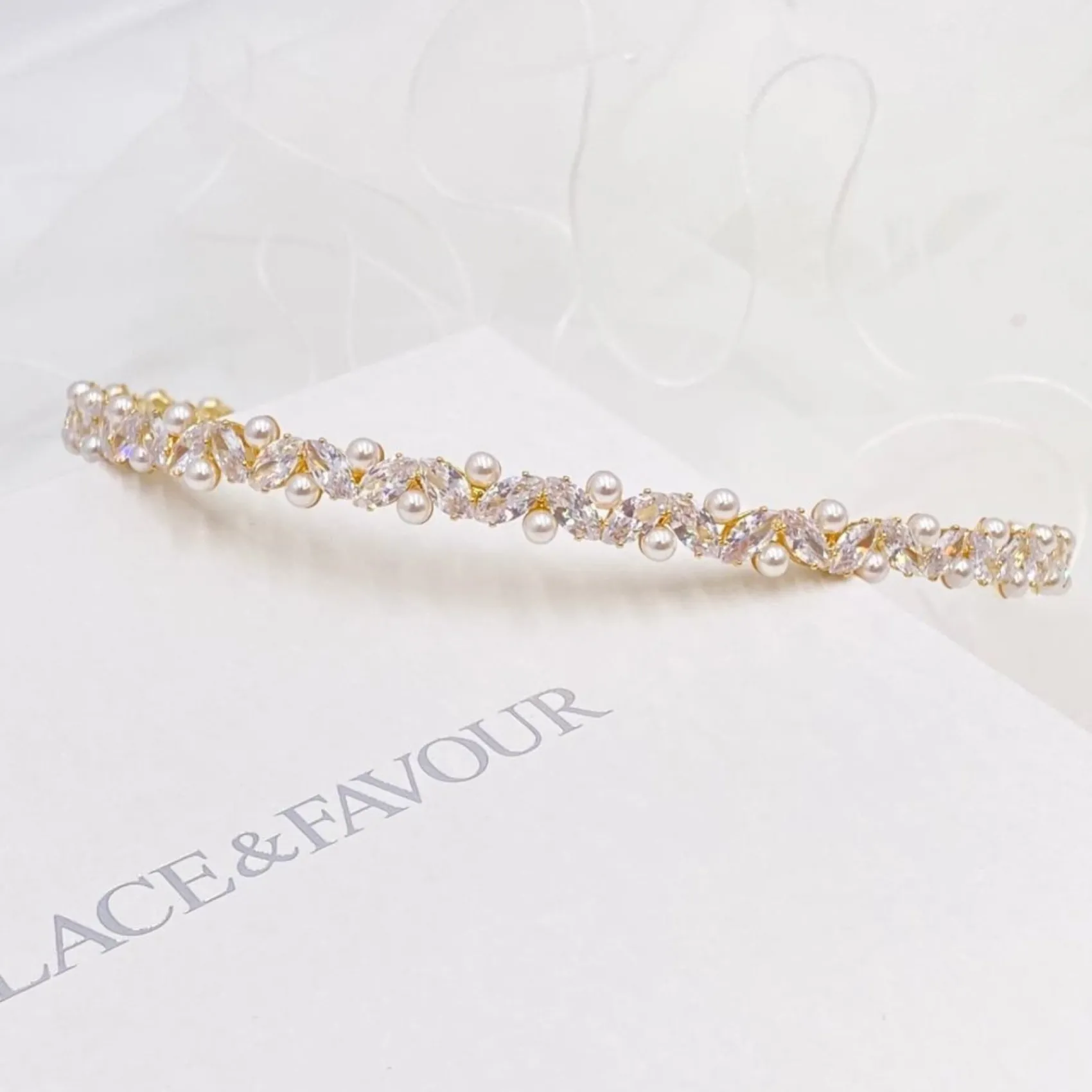 Lace & Favour Prom Headbands & Tiaras | Pearl Hair Accessories*Rochelle Gold Narrow Crystal and Pearl Headband Ivory/ Gold