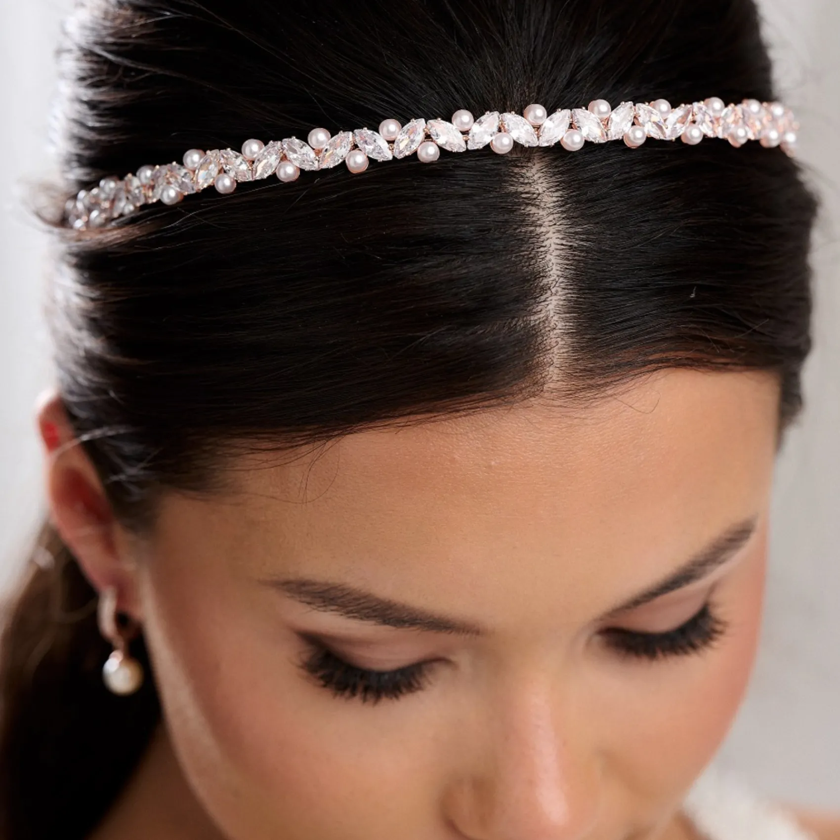 Lace & Favour Prom Headbands & Tiaras | Pearl Hair Accessories*Rochelle Rose Gold Narrow Crystal and Pearl Headband Ivory/ Rose Gold