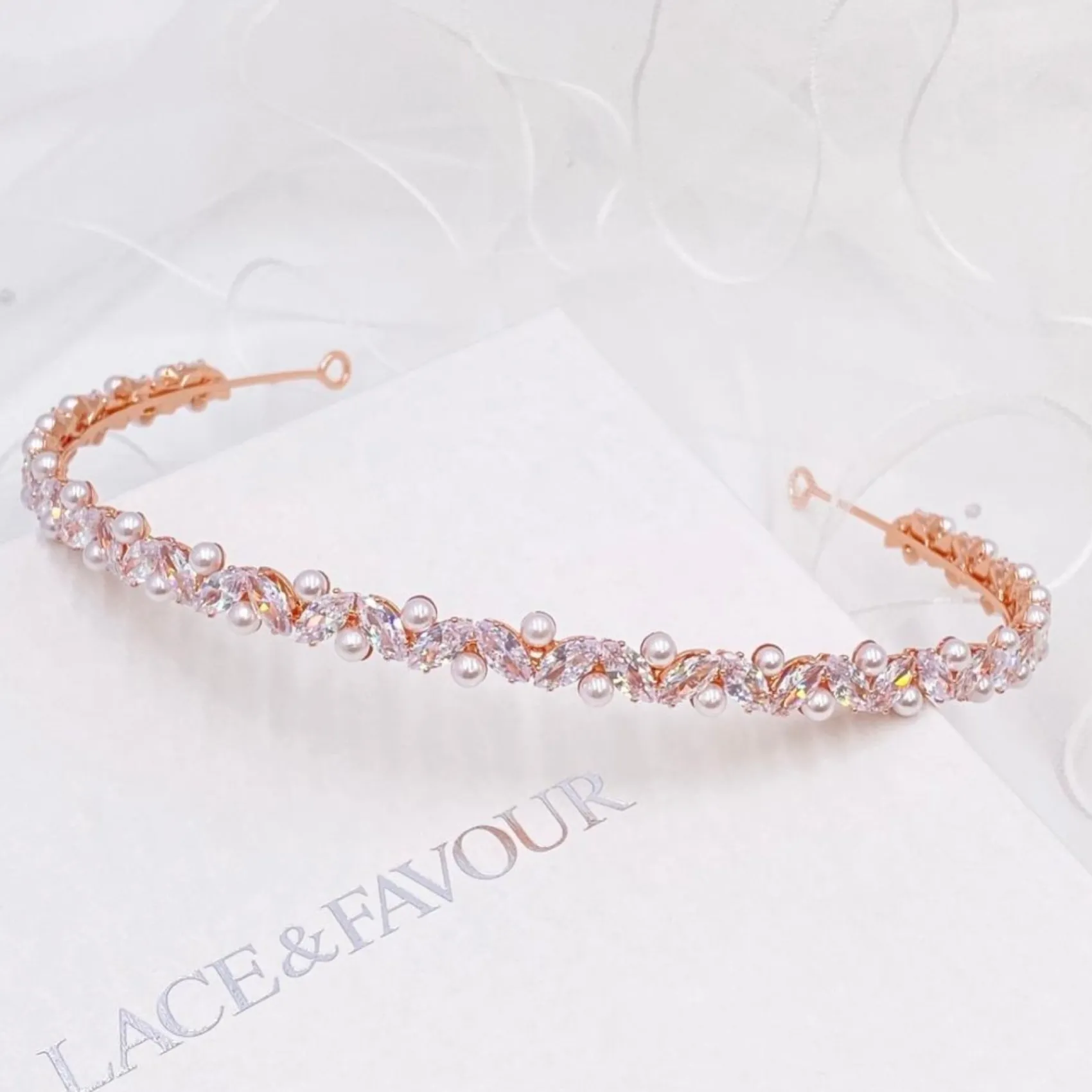 Lace & Favour Prom Headbands & Tiaras | Pearl Hair Accessories*Rochelle Rose Gold Narrow Crystal and Pearl Headband Ivory/ Rose Gold