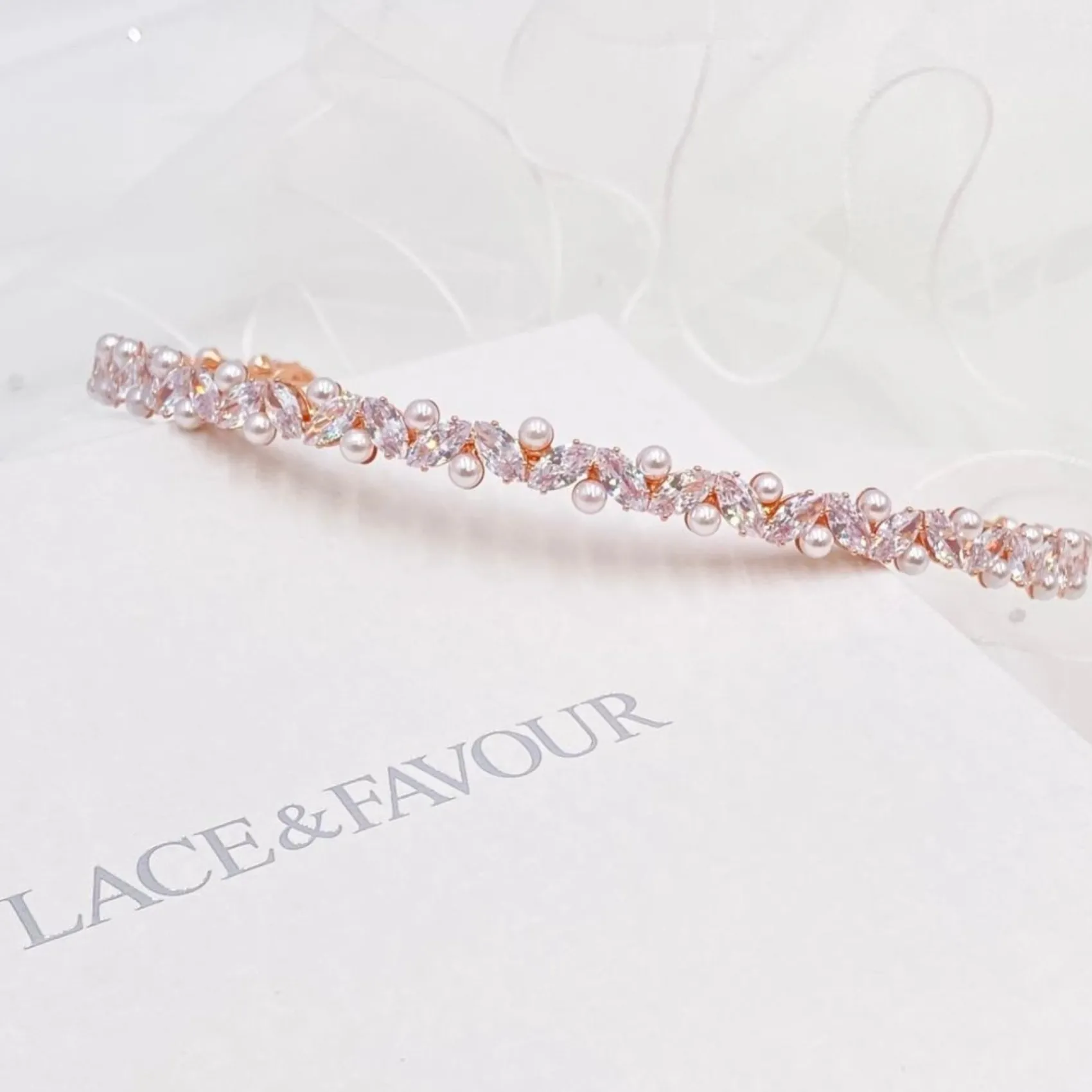 Lace & Favour Prom Headbands & Tiaras | Pearl Hair Accessories*Rochelle Rose Gold Narrow Crystal and Pearl Headband Ivory/ Rose Gold